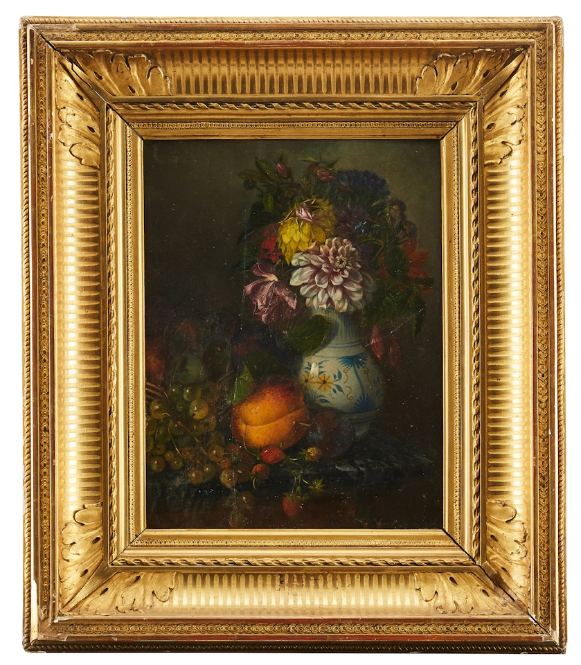 Flowers in blue and white vase with fruits on a stone bench by French School