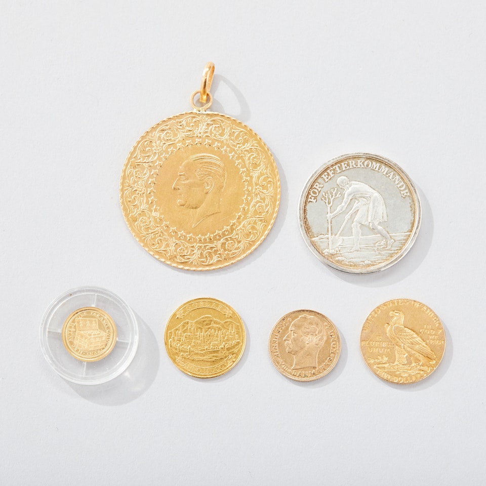 Gold coins and medal by Unknown Jewelry Maker