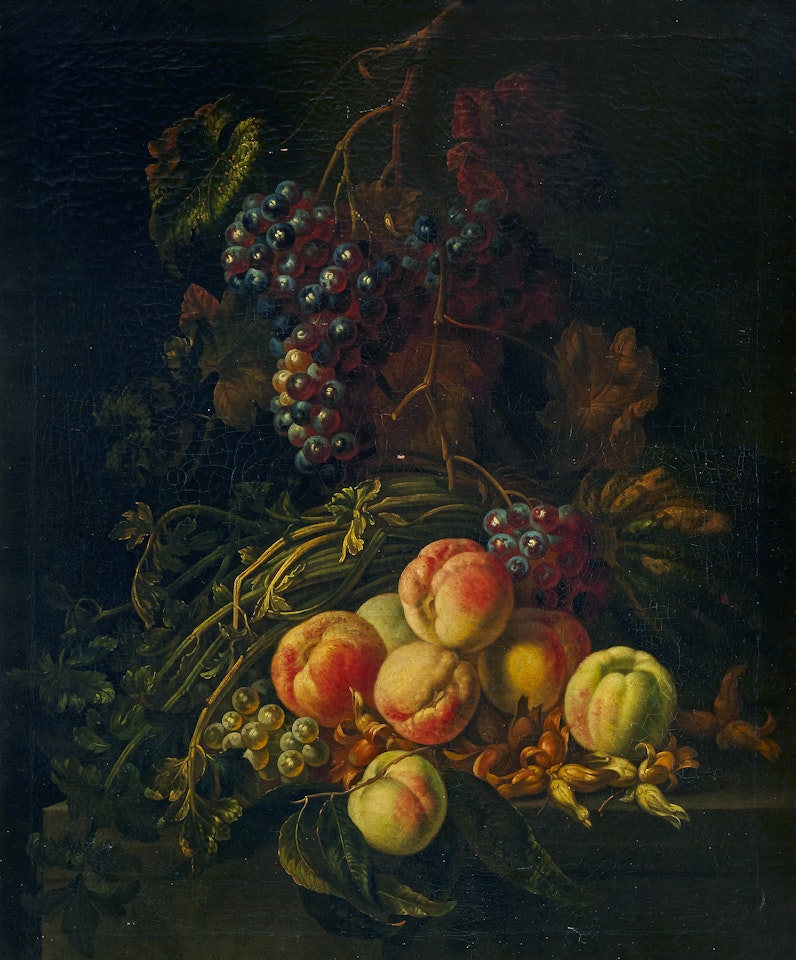 Fruit still life with peaches, grapes hanging and hazelnuts on a table by English School