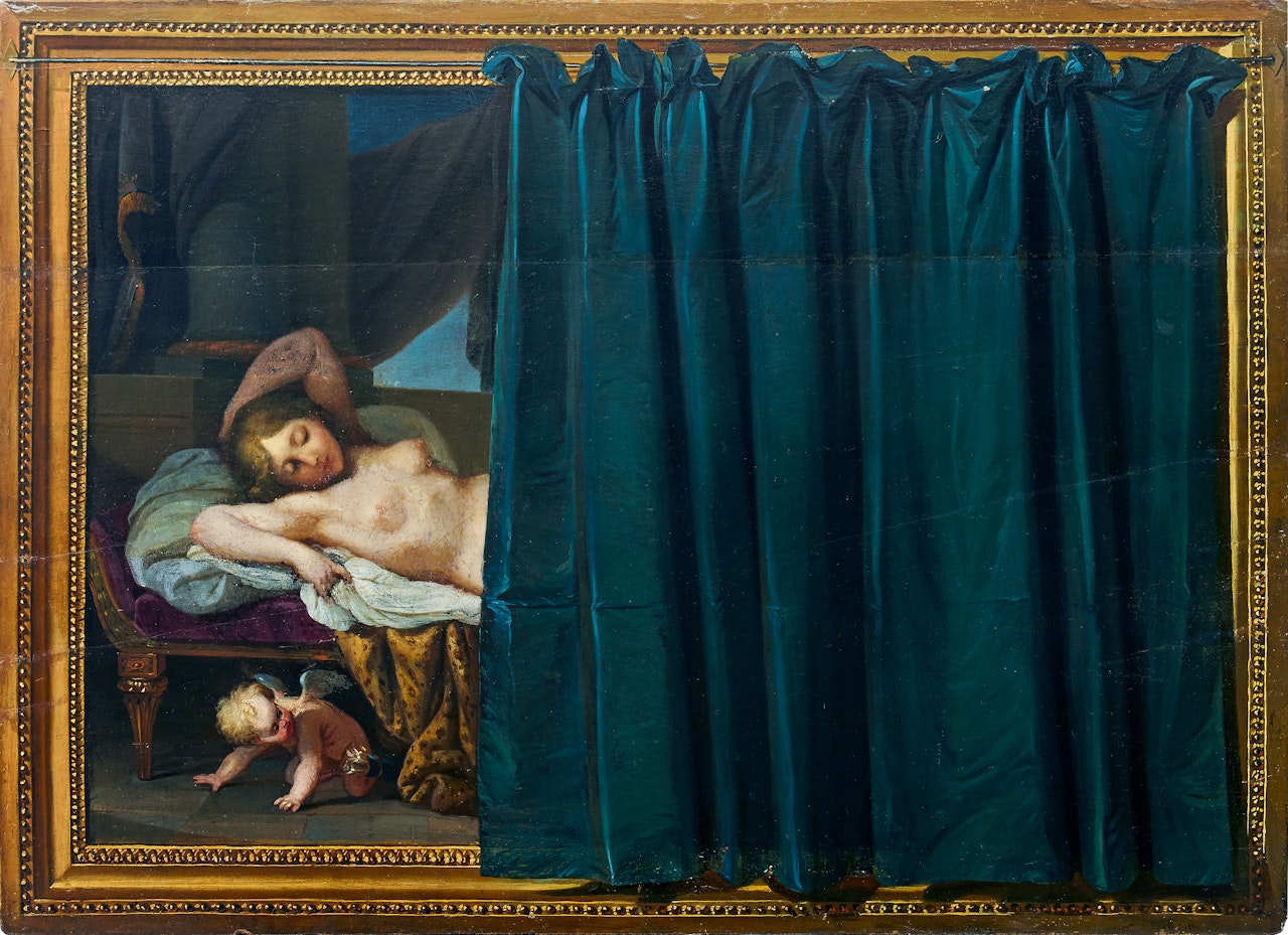 A trompe l"oeil painting of a reclining nude and a cupid in a gilt frame partially covered by a curtain by French School