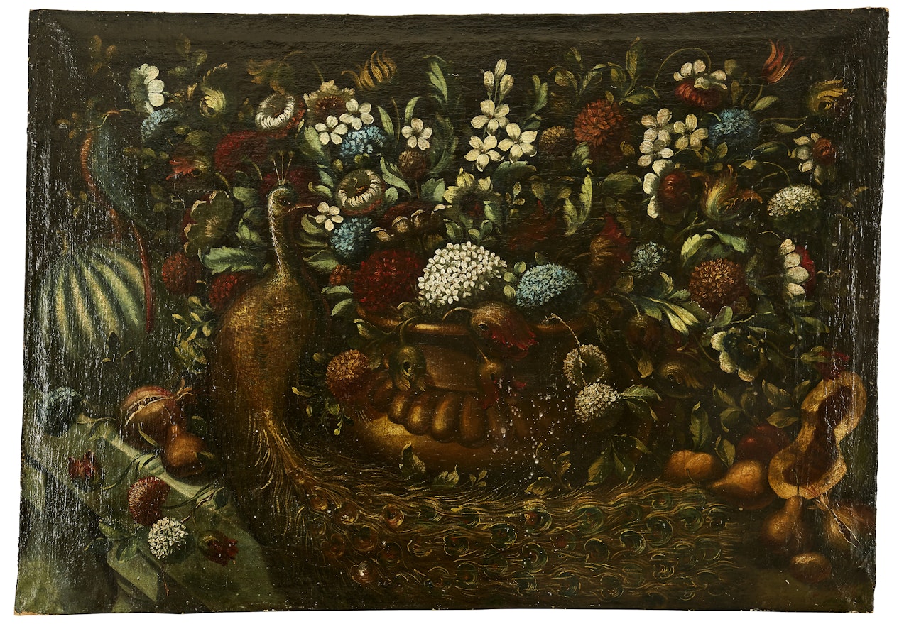 Still life with flowers, fruits, peacock and a bird by Spanish School