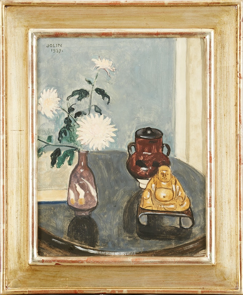 Still life with white flowers and Buddha figure by Einar Jolin