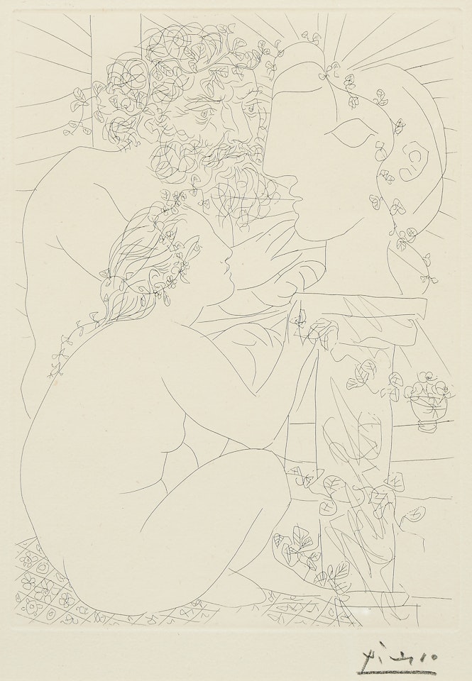 “Sculptor, Crouching Model and Sculpted Head”. Plate 39 from “La Suite Vollard”. by Pablo Picasso