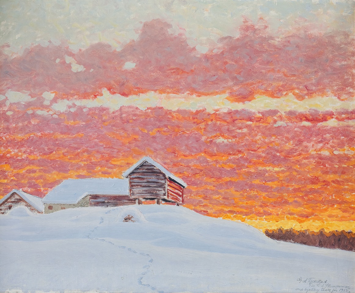 Glowing sky over a snow-covered farm by Gustaf Fjaestad
