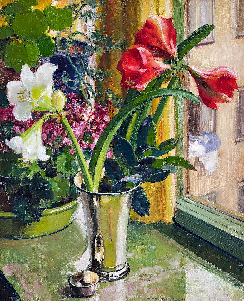 Still life with red and white amaryllis in silver goblet and tumbler on windowsill by Olle Hjortzberg