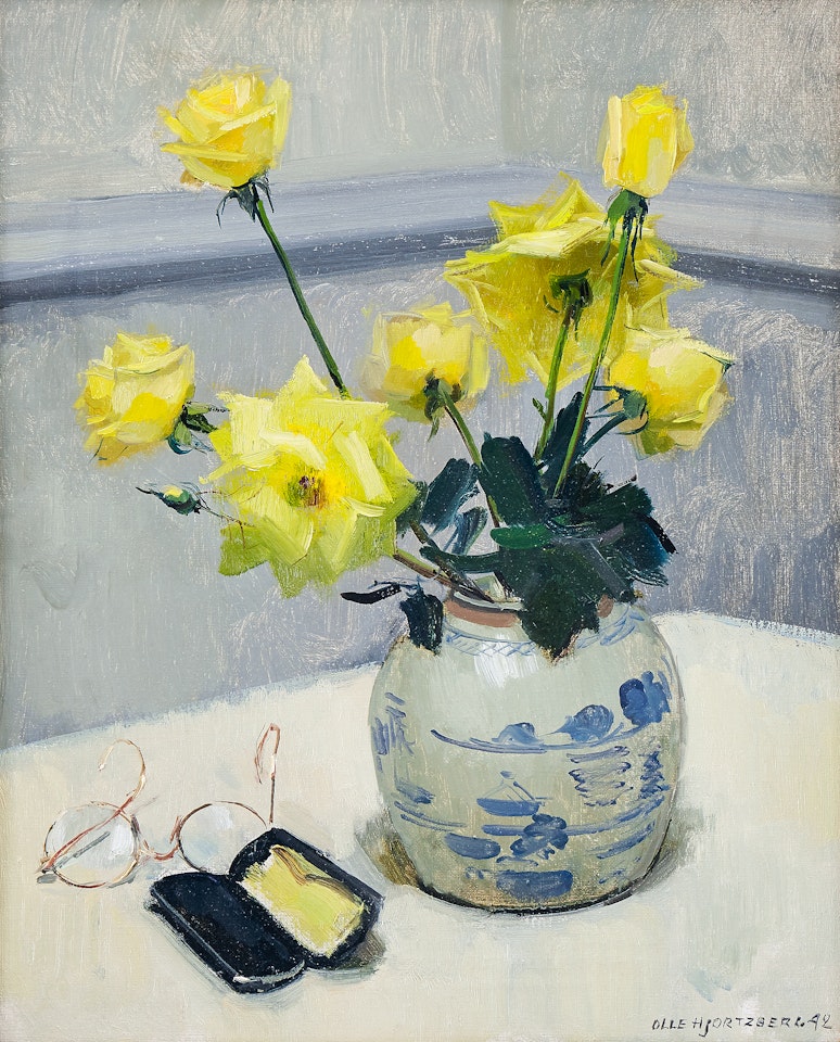 Yellow roses in a bow and glasses on a table next to it by Olle Hjortzberg