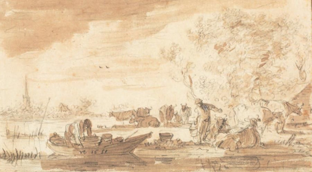 River landscape with boat, villagers and animals by Jan van Goyen