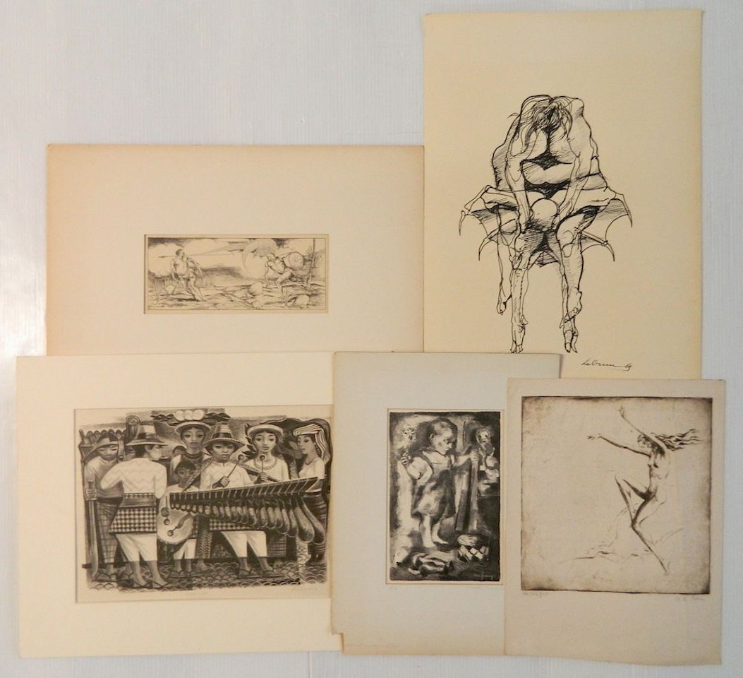 "The Seagulls"; Two Grotesque Figures; "Child with Carnation and Toys" by Various Artists