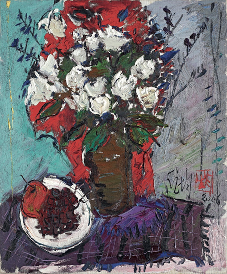 Blue Background and White Rose by Pang Jiun