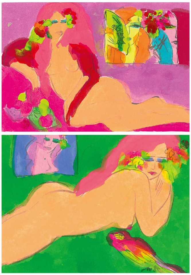 a. Nude Posing b. Woman with Parrot by Walasse Ting