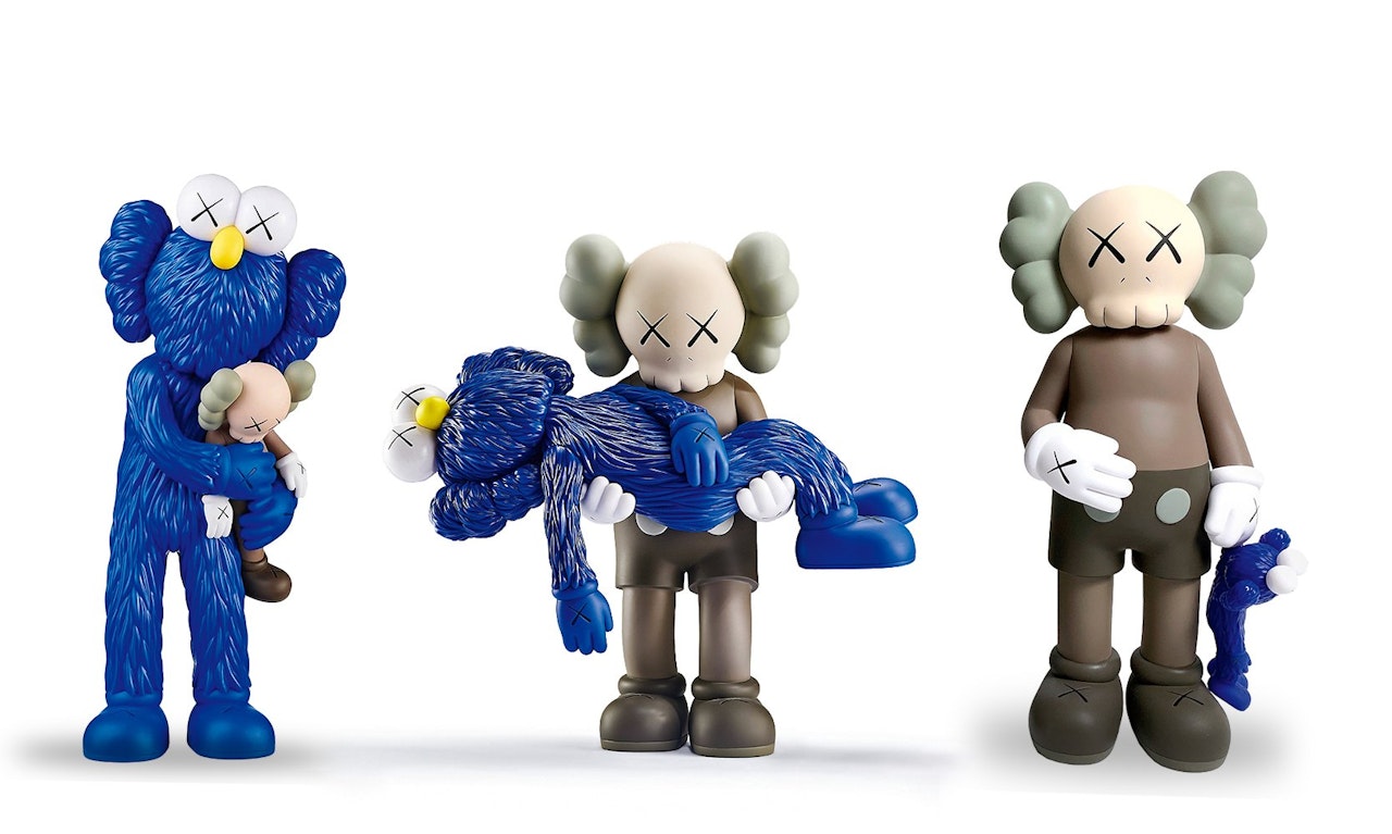 a. Take Figure (Blue) b. Gone Figure (Brown) c. Share Figure (Brown) by Kaws