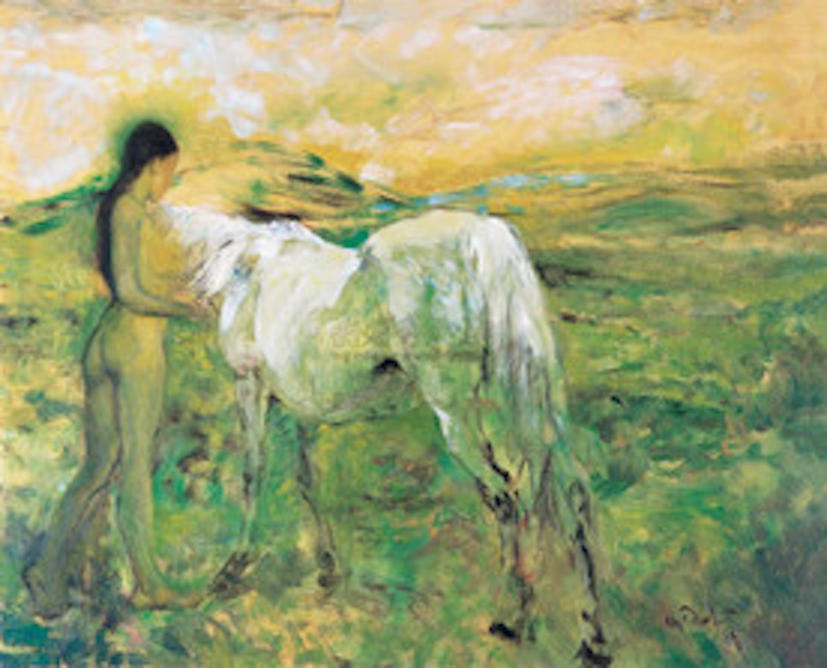 Woman stroking a horse by He Duoling