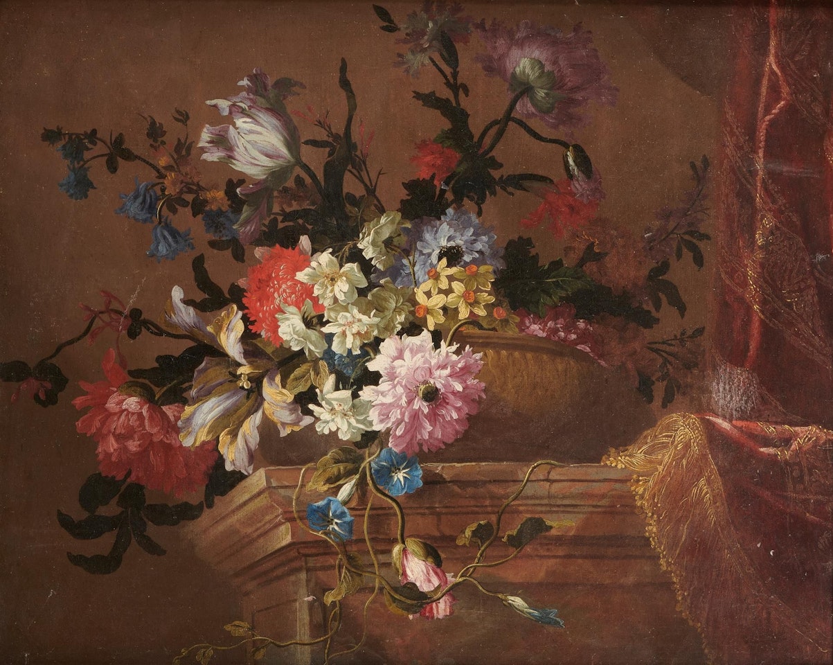 Cut flowers in a cup on an entablature, on the right a hanging carpet by Jean Baptiste Monnoyer