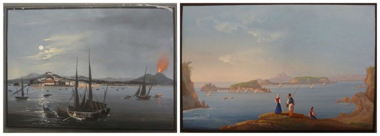 Fishermen facing the Island of Nisida The Bay of Naples and Vesuvius erupting in the moonlight by Neapolitan School