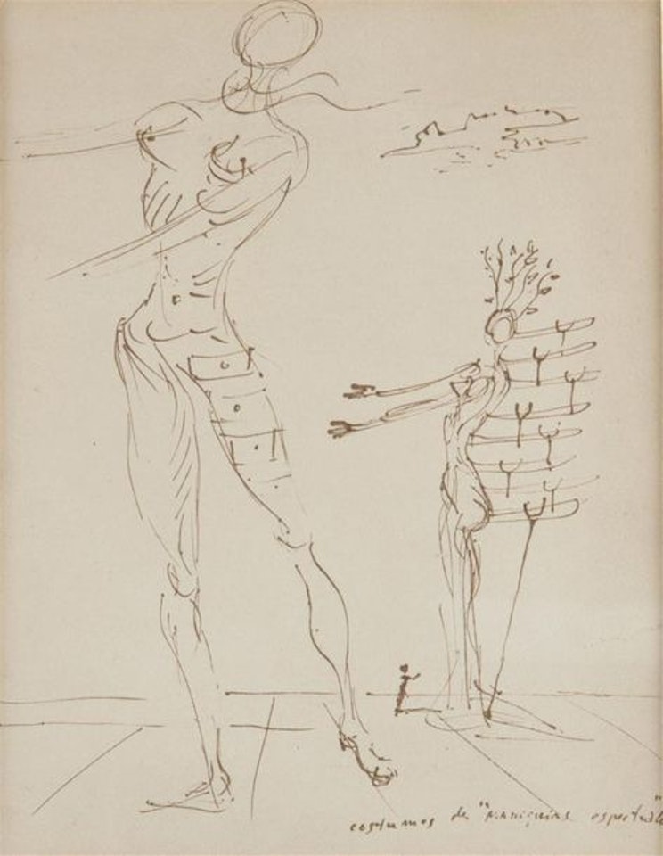 “Espectralle maniquin” costumes. Two figures and a small character for the Tristan fou ballet project by Salvador Dali