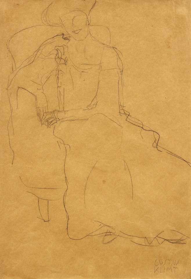 "Im Lehnstuhl sitzernd von vorne, beide Unteratme aufgestutzt" (Adele Bloch-Bauer) by Gustav Klimt