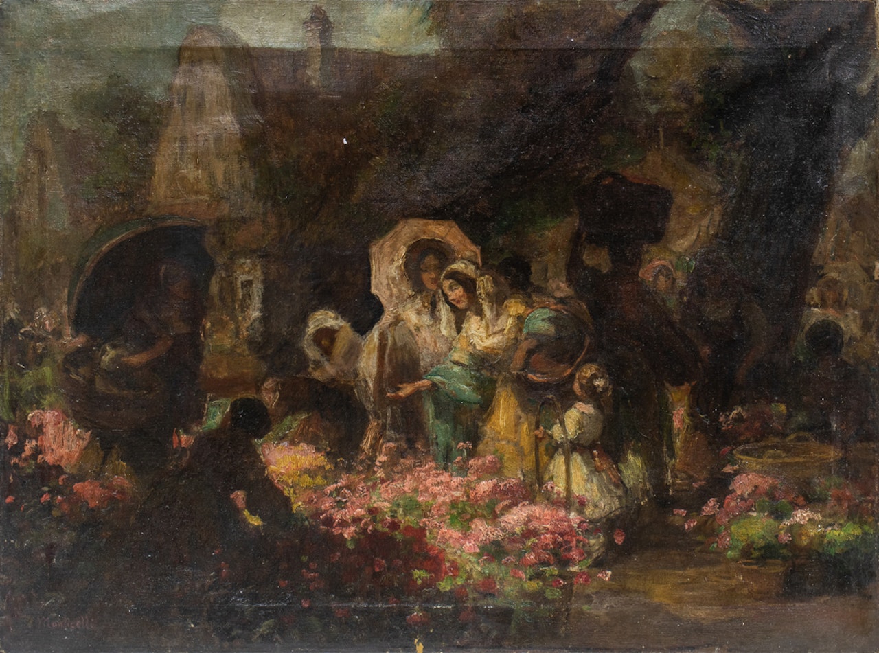 Flower Market Scene by Adolphe Monticelli