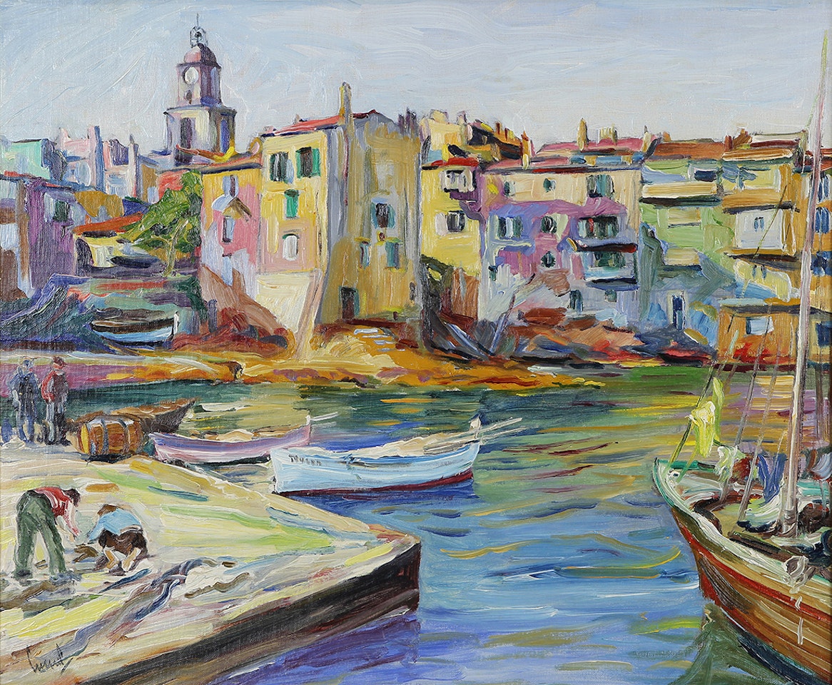 Harbor Scene with Fishermen by Edward Cucuel