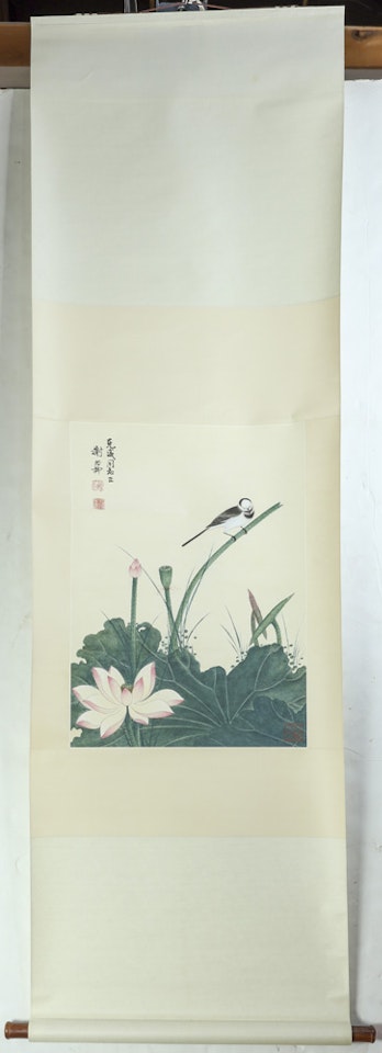 Chinese hanging scroll; bird and lotus flowers by Xie Zhiliu
