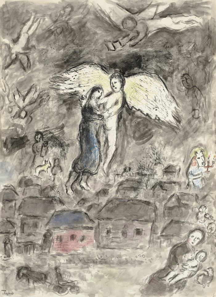 Rencontre avec l"ange dans le ciel du village by Marc Chagall