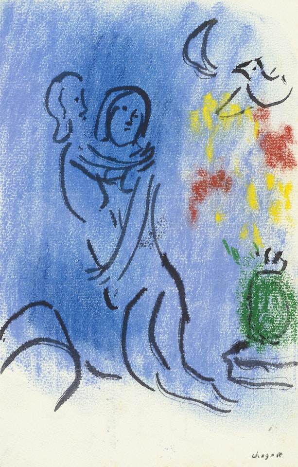 Étreinte sur fond bleu by Marc Chagall