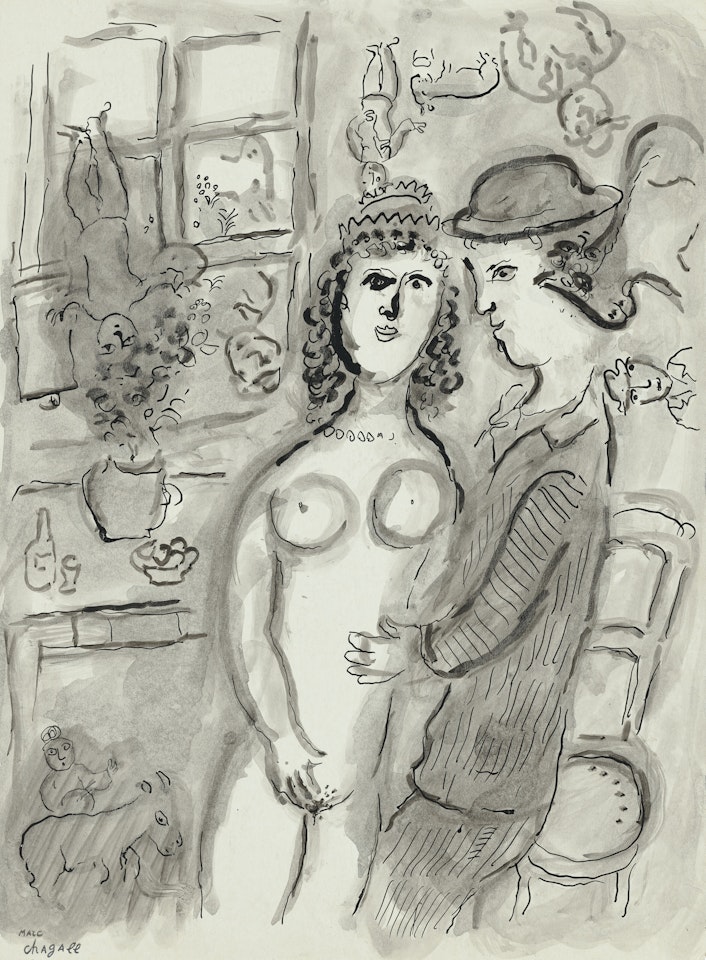 Rencontre à l"intérieur avec le nu couronné by Marc Chagall