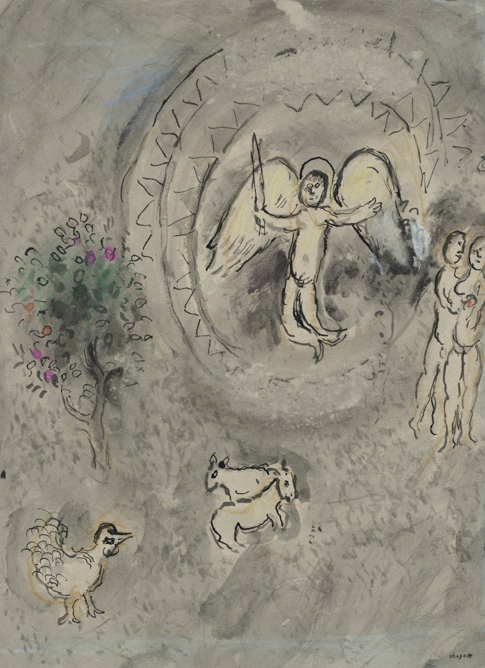 L"Ange à l"épée au paradis sur fond gris by Marc Chagall