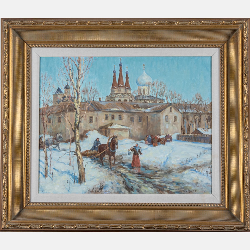 Winter Village Scene by Russian School
