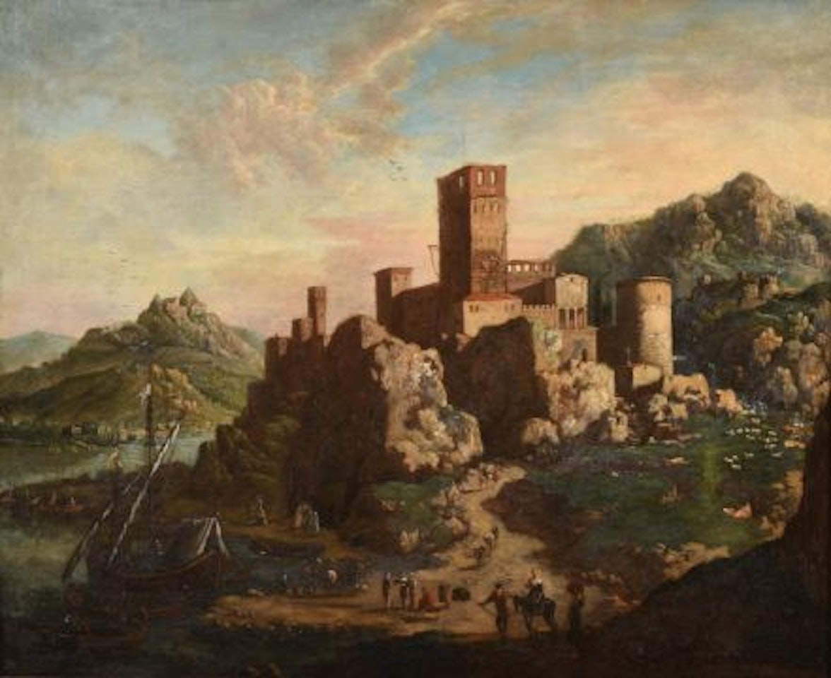 AN ITALIANATE COASTAL INLET WITH A FORTIFIED HILLTOP TOWN, POSSIBLY A CAPRICCIO OF CASTELLO DELLA FAVA AND POSADA NUORO, SARDINIA by Italian School