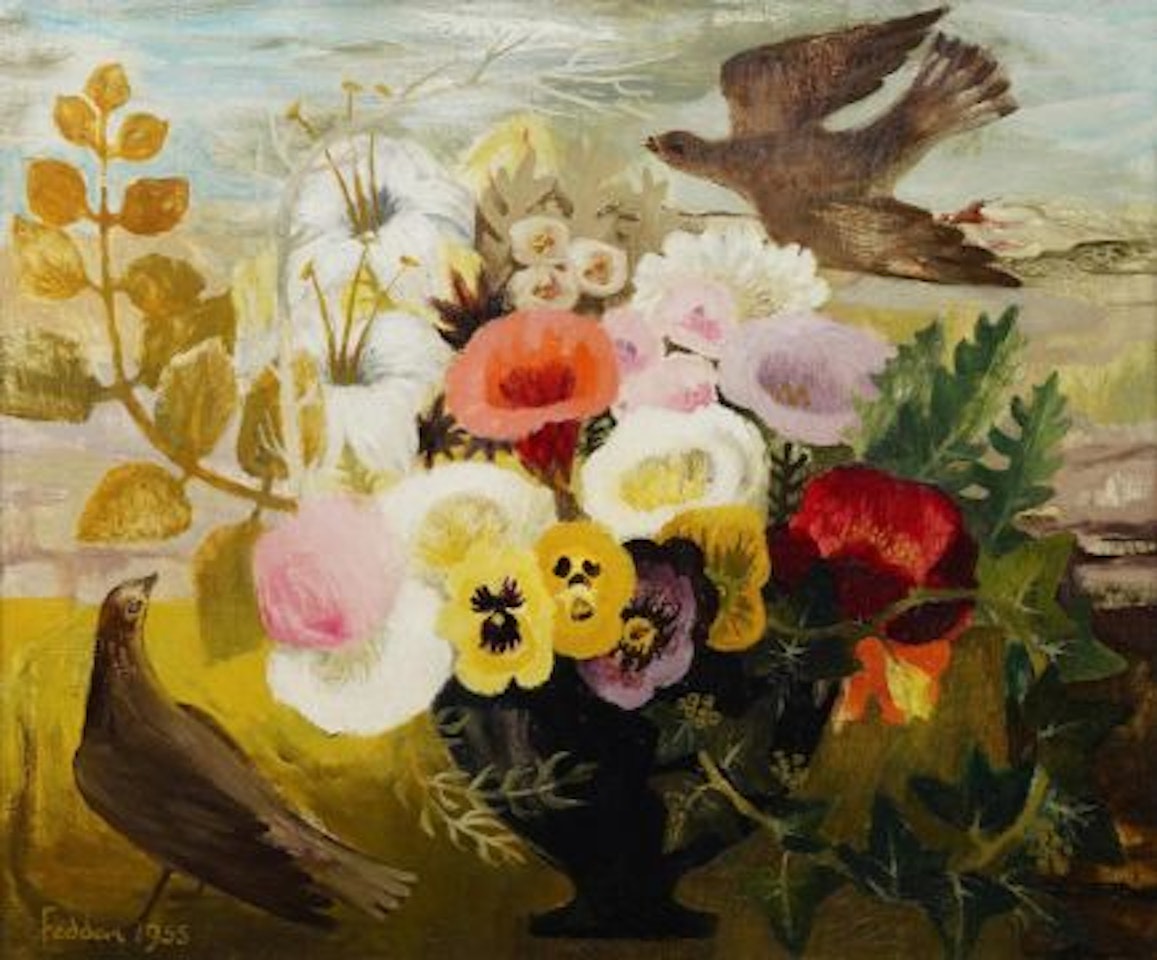 STILL LIFE OF FLOWERS IN A BLACK URN WITH BIRDS IN AN AUTUMNAL LANDSCAPE by Mary Fedden