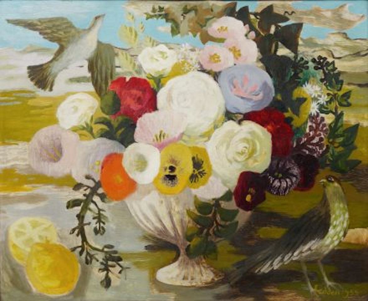 STILL LIFE OF FLOWERS IN AN URN, BIRDS AND A CUT LEMON IN A SUMMER LANDSCAPE by Mary Fedden