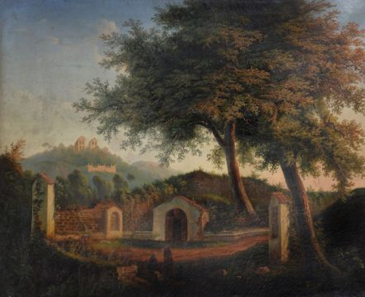 Resting at a wayside shrine by Continental School