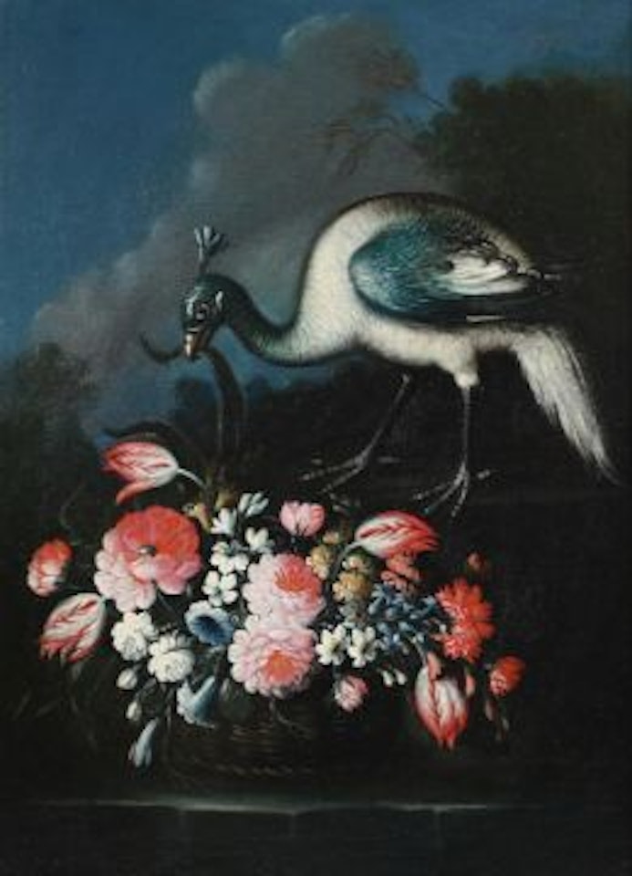 A PEAHEN WITH A BASKET OF FLOWERS; A COCKEREL WITH FLOWERS AND A WATERMELON; A CHICKEN WITH A MELON; A GOLDEN ORIOLE WITH A RABBIT by Italian School