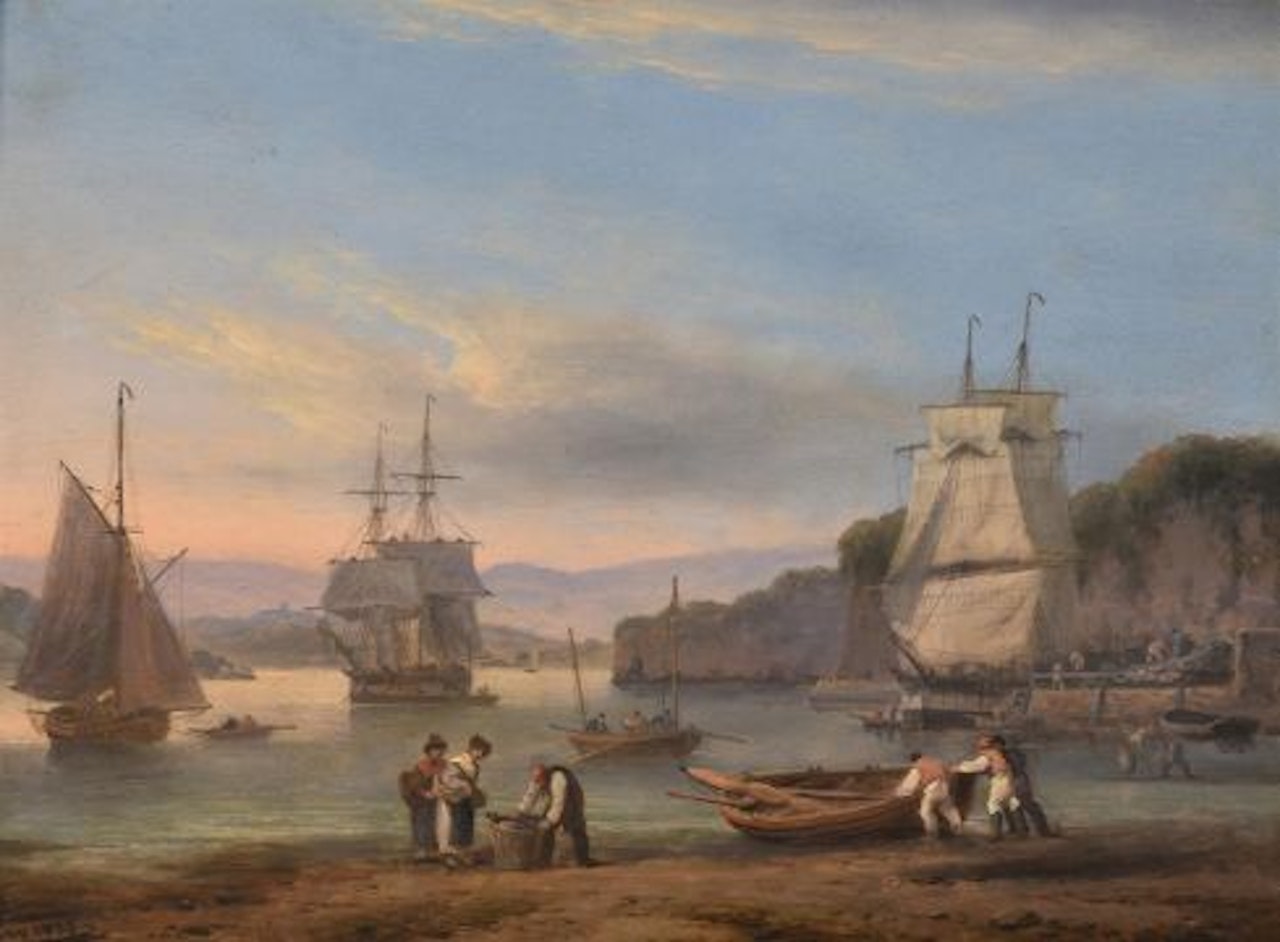 TEIGNMOUTH HARBOUR AT LOW TIDE; SORTING THE CATCH ON THE FORESHORE by Thomas Luny