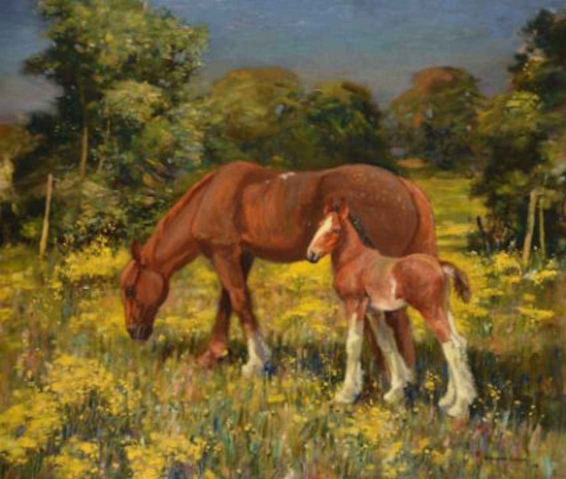 Horses in a Norfolk landscape by Edward Seago
