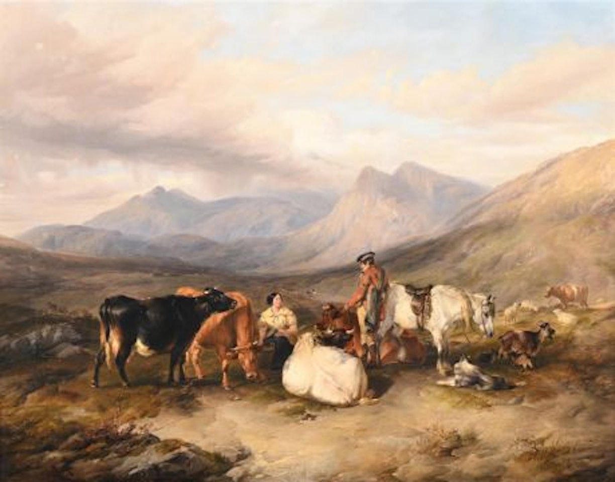 HIGHLAND LANDSCAPE WITH FIGURES AND ANIMALS by Thomas Sidney Cooper