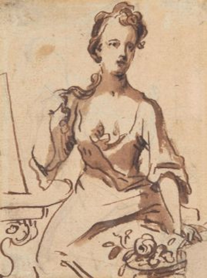 Portrait of a seated lady with flowersInk and washWith Collectors wax by English School