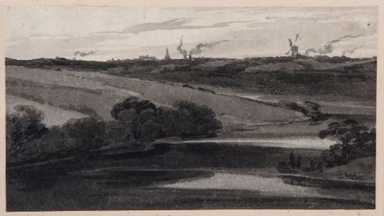 River landscape with distant windmill and town on the horizon by Thomas Girtin