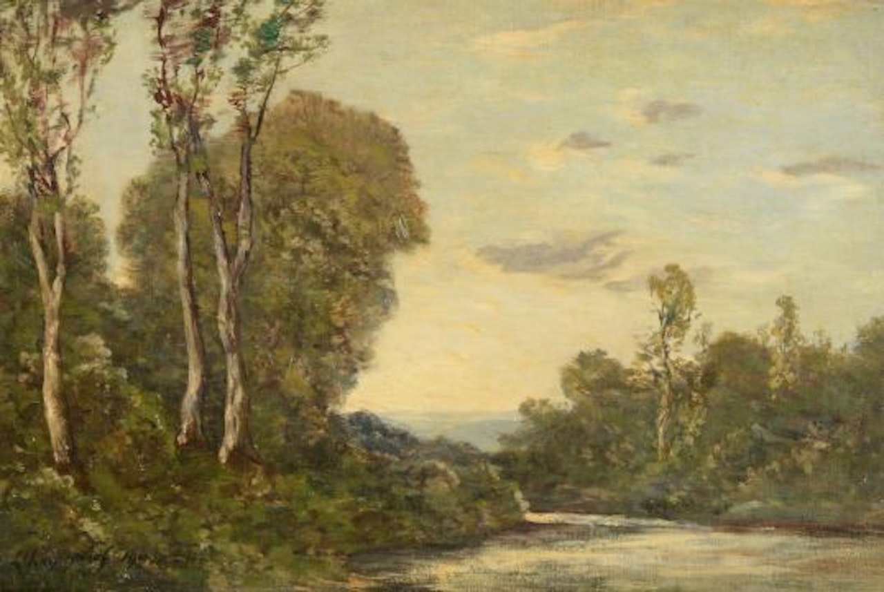 A WOODED RIVER LANDSCAPE IN THE EVENING by Henri Harpignies