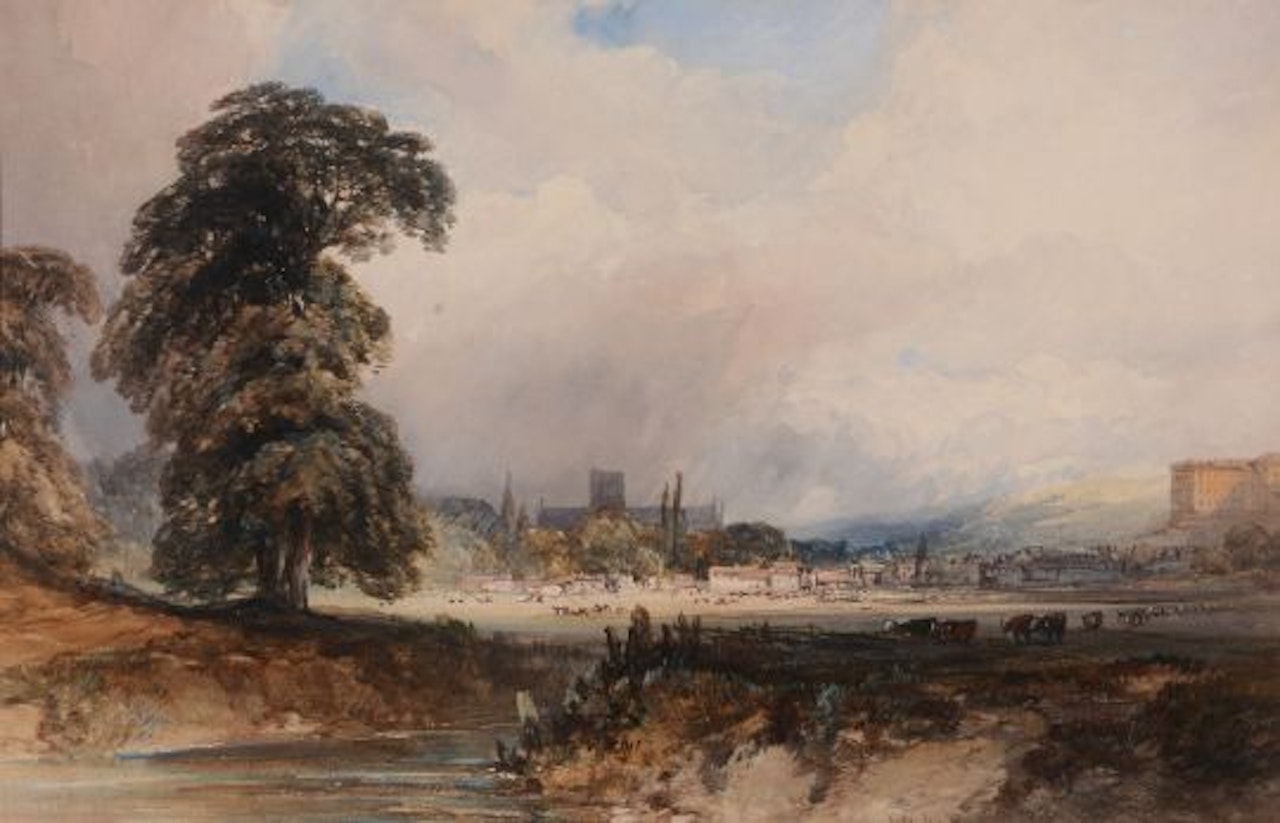 A view of Winchester cathedral from the water meadows by William Callow
