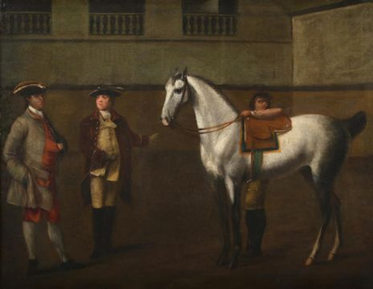 A GREY THOROUGHBRED WITH TWO GENTLEMEN IN AN INDOOR RIDING SCHOOL by English School