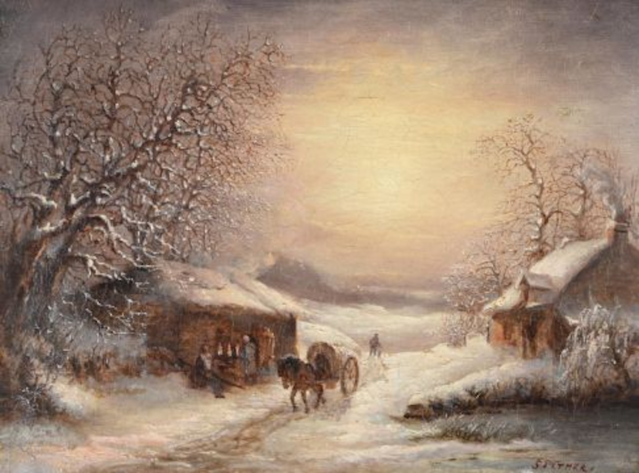Horse and cart in a snowy landscape by Continental School