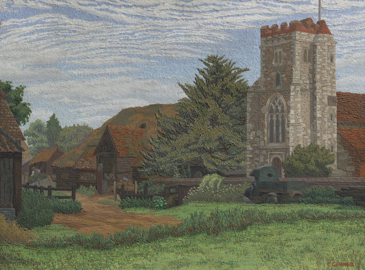 Church and Barn, Waltham St Lawrence by Charles Ginner