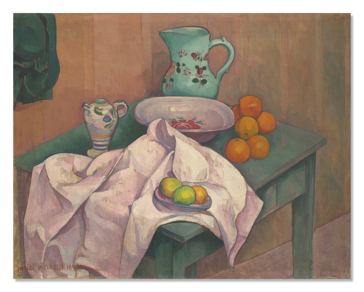 Nature morte (pichet, assiette, fruits sur serviette déployée) by Emile Bernard