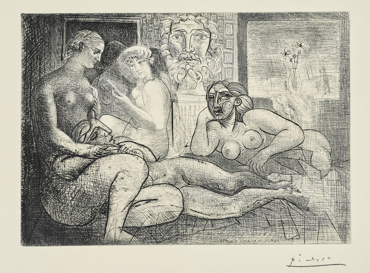 Quatre femmes nues et tête sculptée, from La Suite Vollard by Pablo Picasso