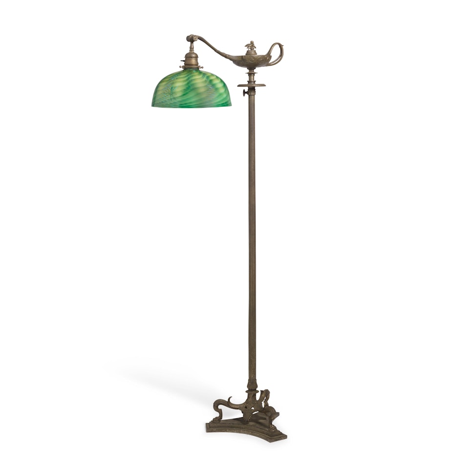 Aladin Floor Lamp with "Dragonfly and Butterfly" Engraved Damascene Shade by Tiffany Studios