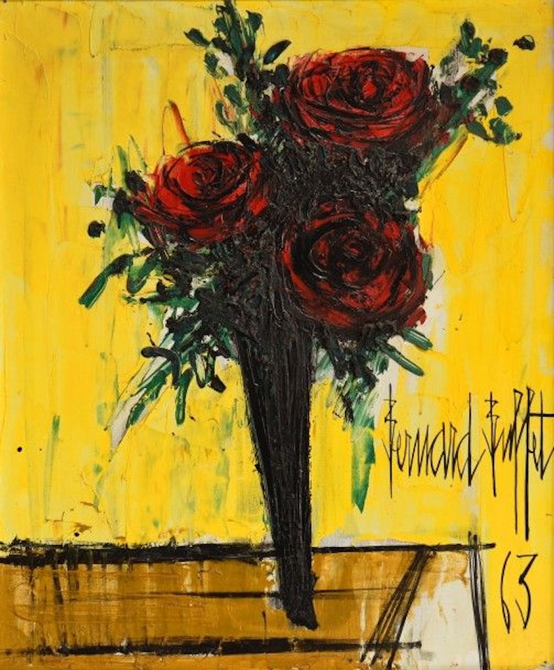 Three red roses in a vase by Bernard Buffet