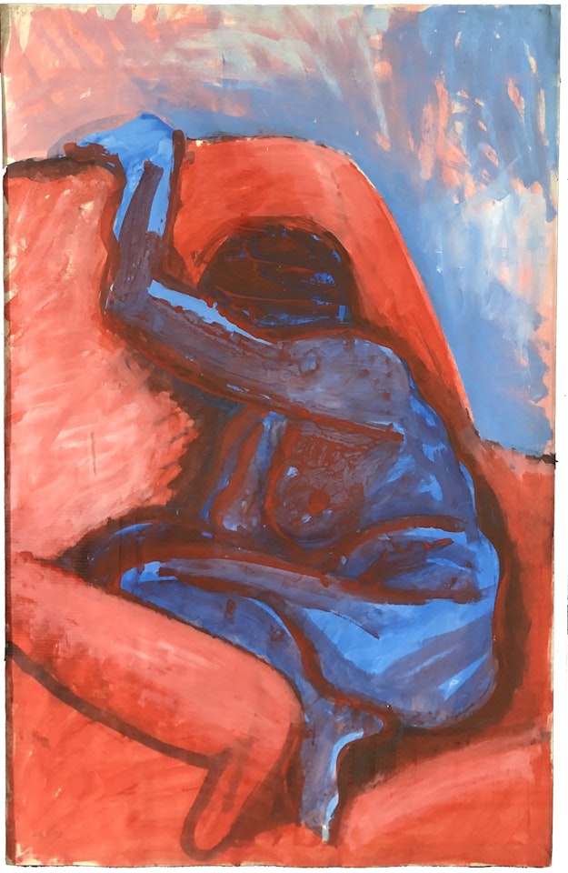 Seated Lady Blue on Red by Michael Smither