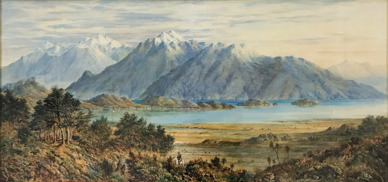 Central Otago Lake and Mountain Scene, with Drovers in Foreground by Charles Decimus Barraud