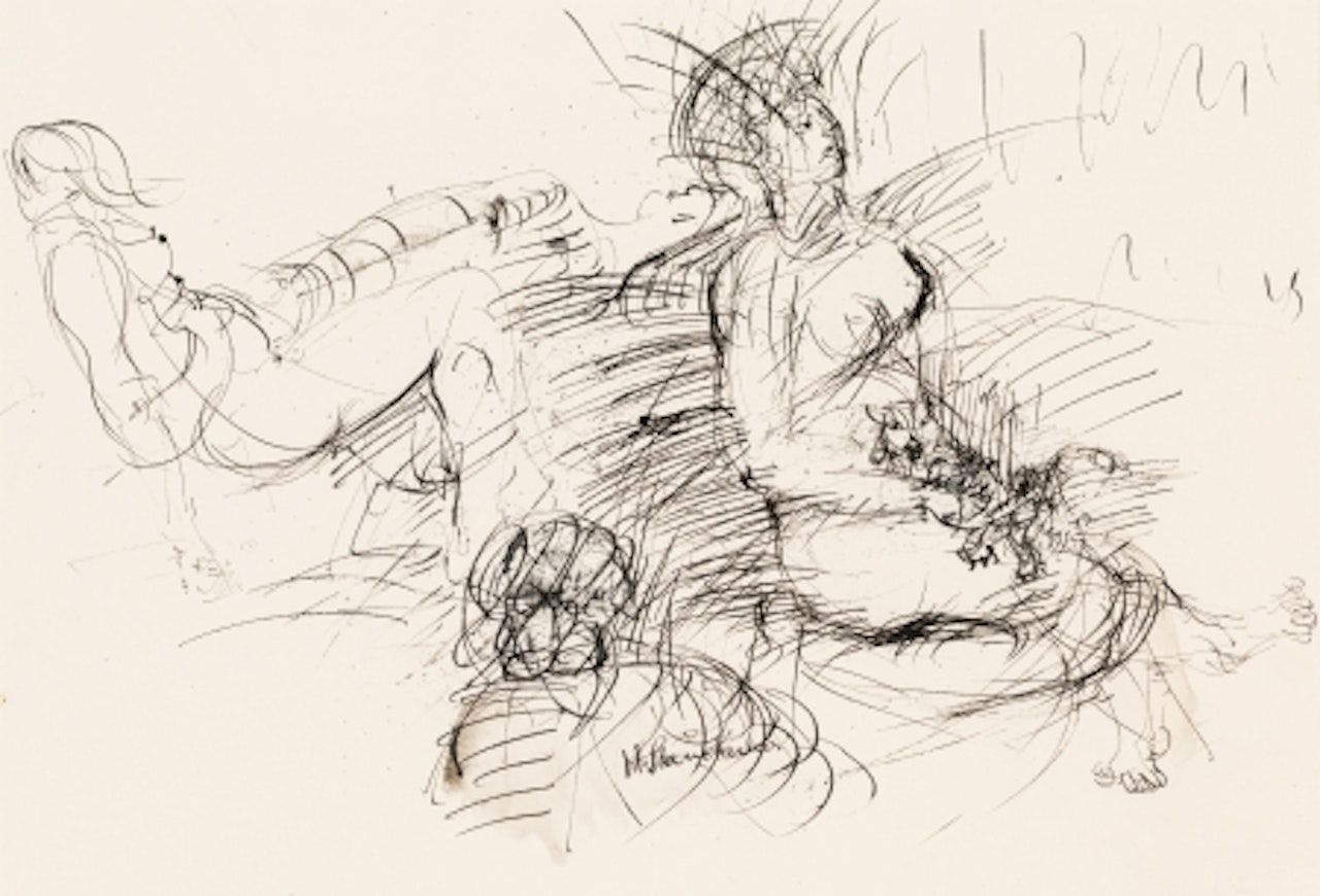 Reclining with sitting nude by Hans Staudacher